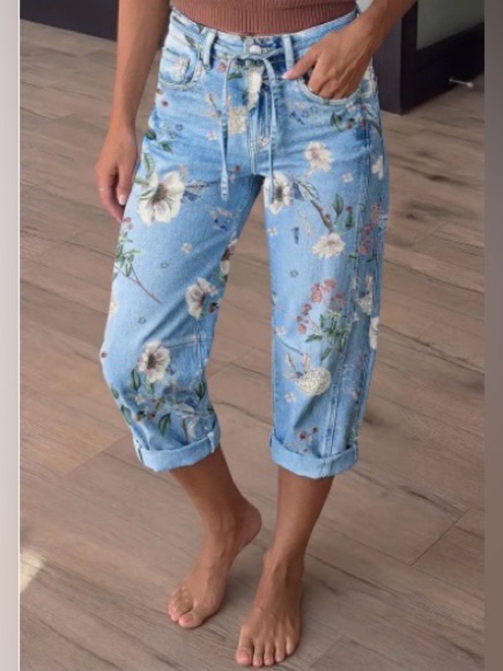 Flamingals Pattern Drawstring Stitch Detail Mid Waist Barrel Leg Capri Jeans